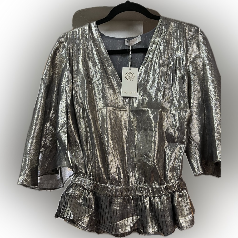 Ramy Brook, New with tags,‎ silk, V-neck blouse, metallic size small